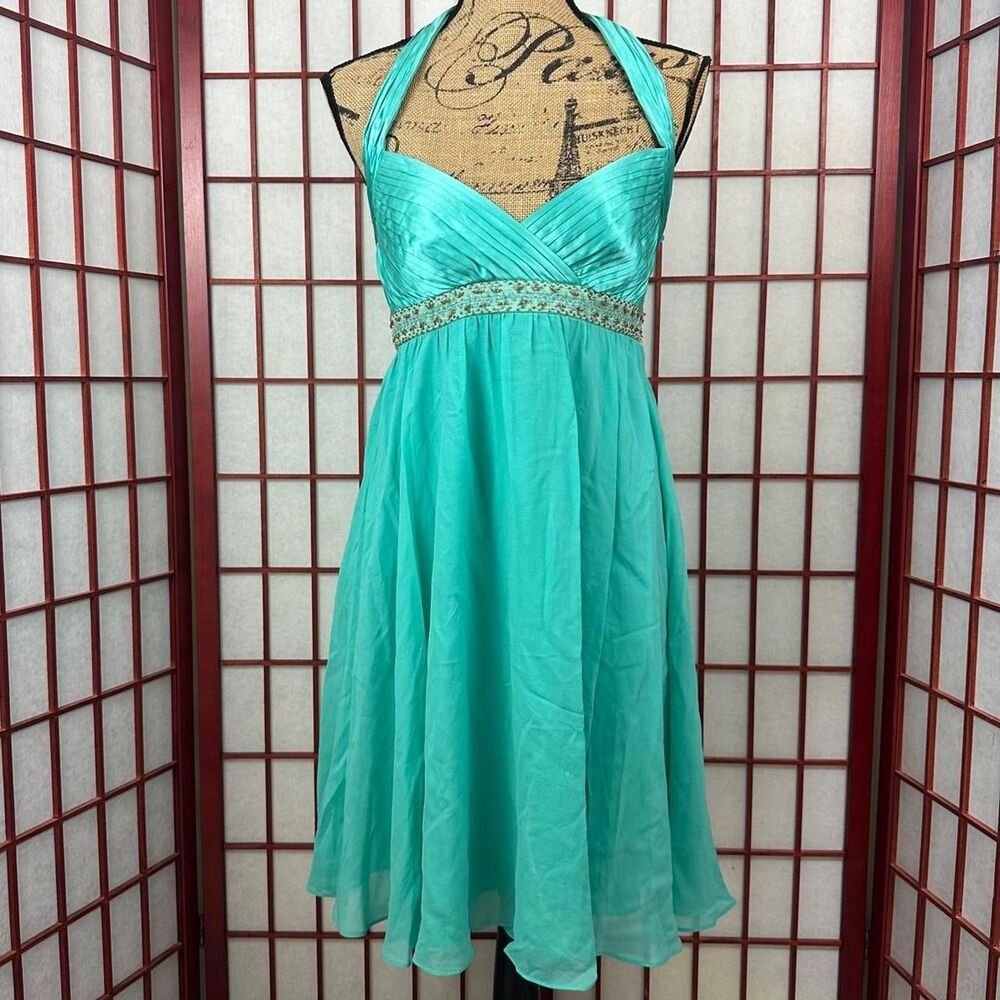 Y2K Mermaidcore Turquoise Embellished Silk Halter Formal Dress